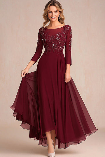 Élégant Bourgogne Une Ligne À Manches Longues Mère De La Robe De La Mariée Avec Appliques